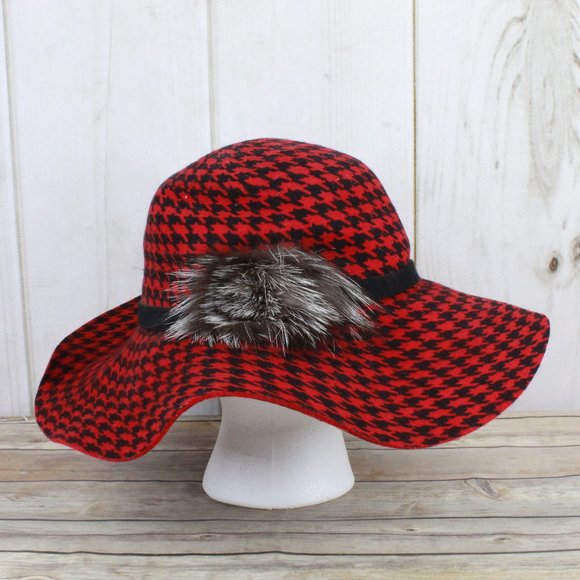 Something Special Red Houndstooth Wool Felt Soft Wide Brim Hat Size OS - Picture 7 of 9